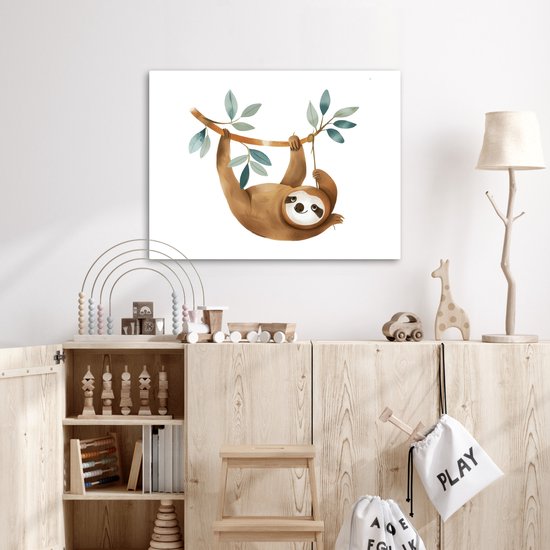 Tableau sur toile 80x60 cm - Décoration murale chambre enfant Paresseux - Animal - Animaux de la jungle - Décoration murale chambre bébé - Décoration chambre garçon et fille - Accessoires Bébé - Peintures