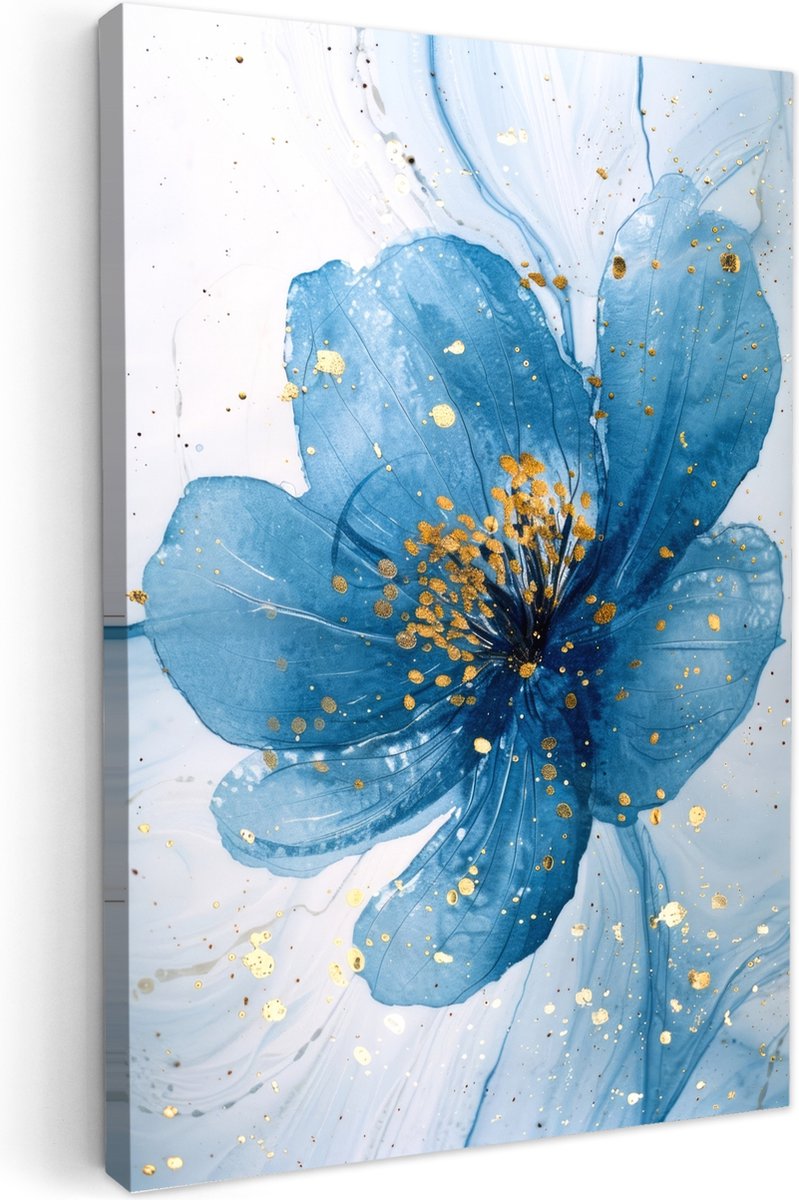 Canvas schilderij 20x30 cm - Wanddecoratie badkamer Bloemen - Blauw - Goud - Watercolor -