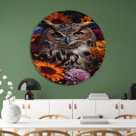 Tableau rond Hibou - Bol mural animaux - Bols muraux Fleurs - Décoration murale industrielle - Panneau mural - Décoration murale cercle mural forex 90x90 cm