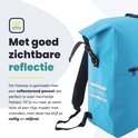 Blauwe fietstas met reflecterende streep op de zijkant voor goede zichtbaarheid.