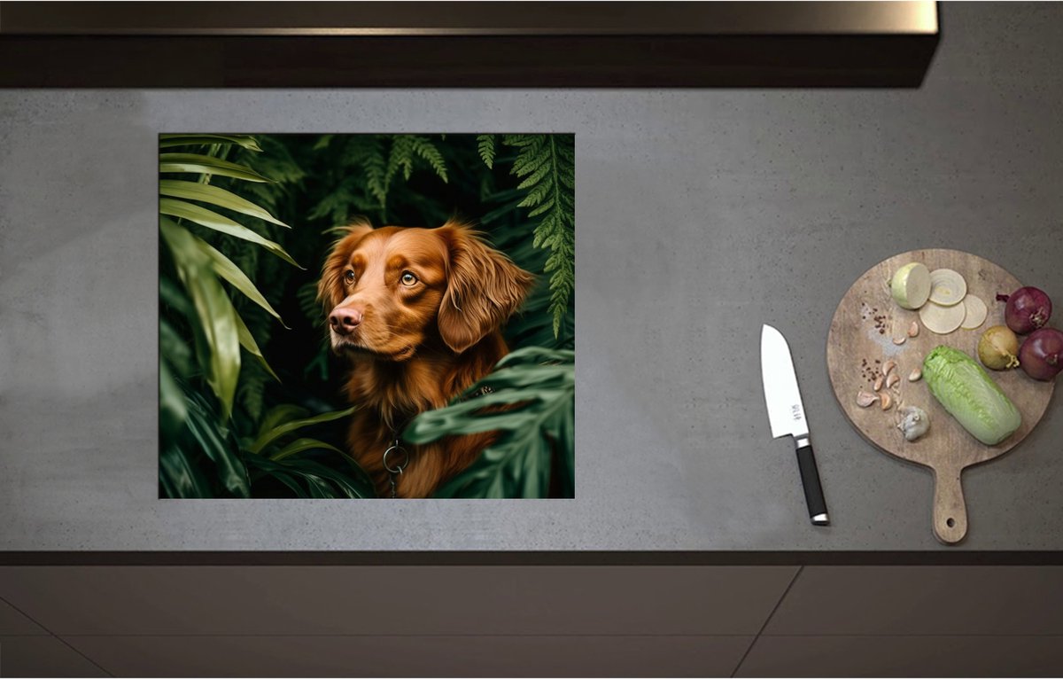 Inductieplaat Beschermer - Bruine Hond tussen de Groene Bladeren - 59x52 cm - 2 mm Dik - Inductie Beschermer - Bescherming Inductiekookplaat - Kookplaat Beschermer van Wit Vinyl