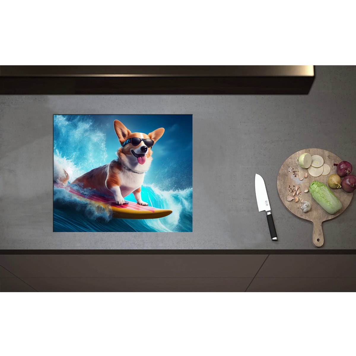 Inductieplaat Beschermer - Bruin met Witte Corgi Puppy Surfend over de Golven - 59x50 cm - 2 mm Dik - Inductie Beschermer - Bescherming Inductiekookplaat - Kookplaat Beschermer van Wit Vinyl