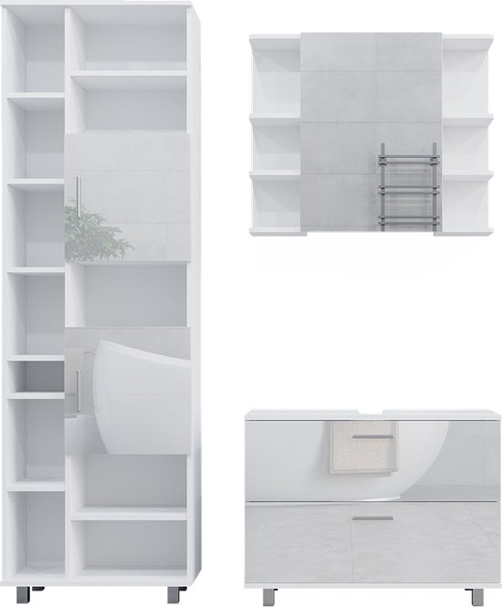 Badkamermeubelset Ilias Wit Hoogglans 4 stuks, met hoge eenheid Vicco | Wit Hoogglans | Stel 4 | 406673135300206