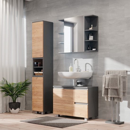 Vicco Ensemble de meubles de salle de bain en forme de J, Grijs/ Chêne, 3 parties