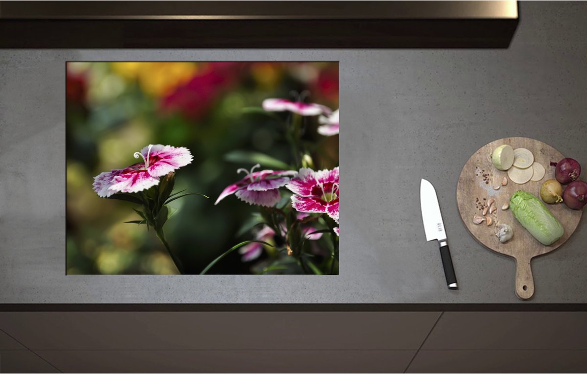 Inductieplaat Beschermer - Chinese Anjer Bloemen in het Veld - 70x55 cm - 2 mm Dik - Inductie Beschermer - Bescherming Inductiekookplaat - Kookplaat Beschermer van Wit Vinyl