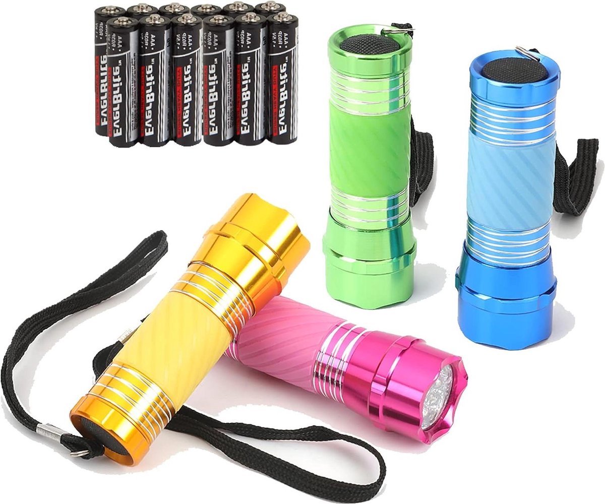 WIYETY Mini-led-zaklamp, 12 stuks, aluminium, kinderzaklamp met 9 leds, kinderzaklamp met koord, voor kinderen, camping, wandelen, outdoor, dringend, 4 kleuren (zonder accu