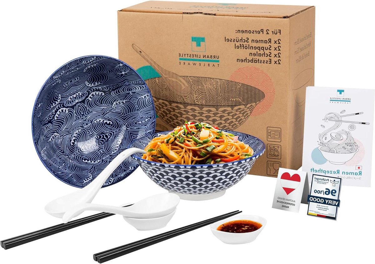 Seigaiha Ramen dinerset voor 2 personen porselein 20 cm inhoud 08 1 l soepkom-slakom fo-soep kom voor ramen pasta mueslikommen Pho Soepkom kom blauw en wit