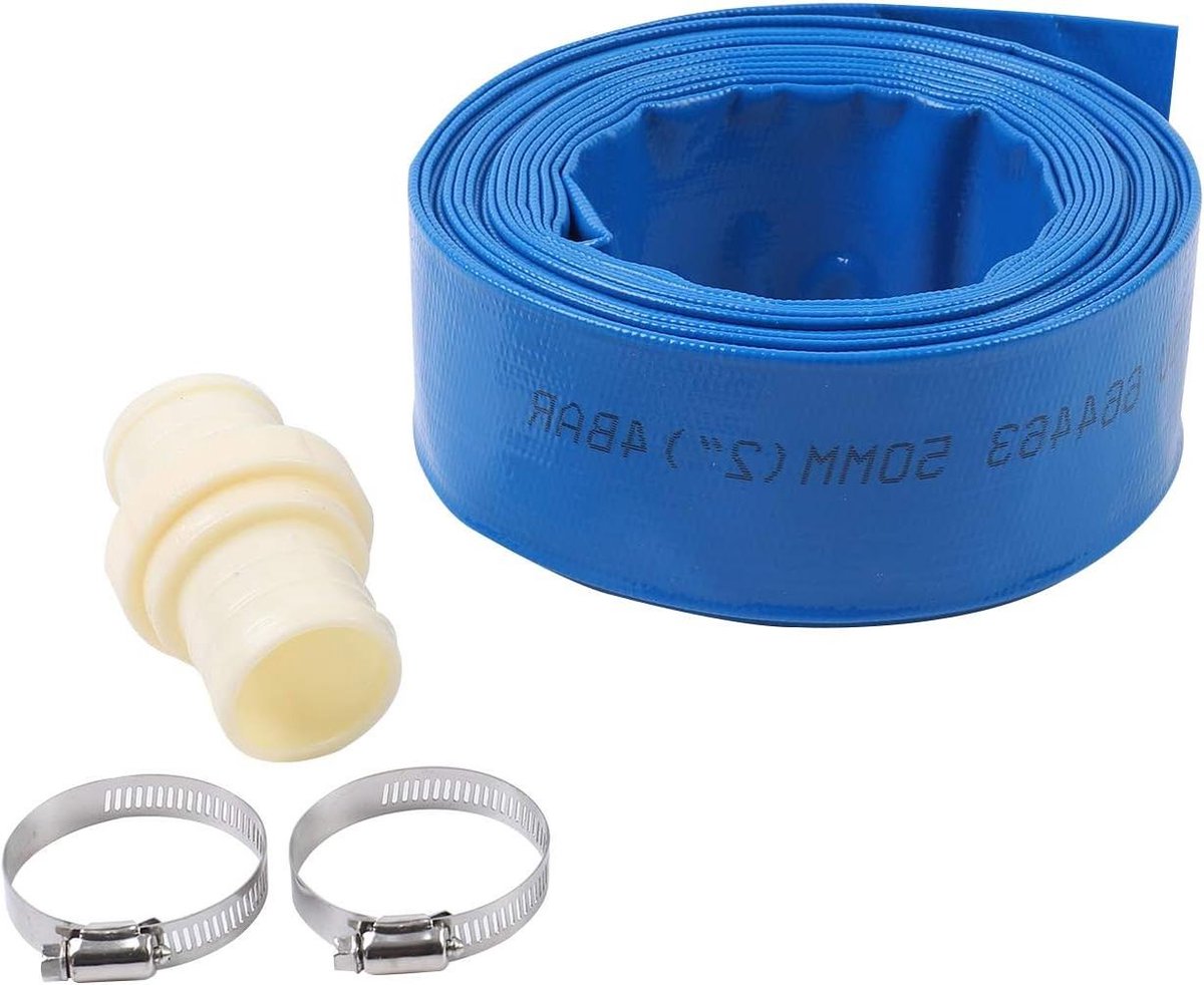 Platte afvoerslang 10 m x 50 mm - voor dompel- en andere waterpompen - met klemmen en snelkoppelingsaansluiting - vijvers tuinirrigatie - blauw