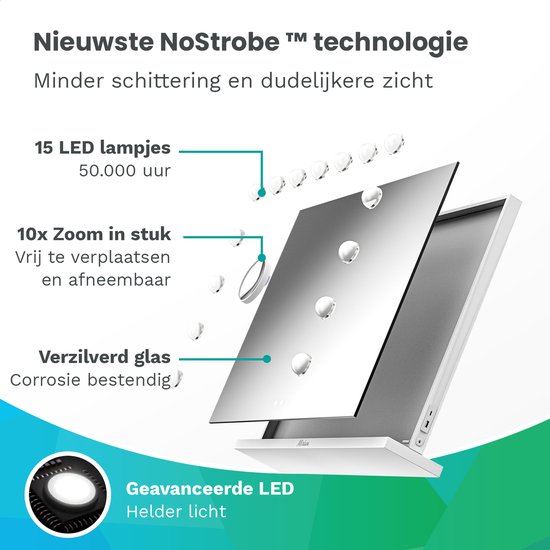 Mirlux Hollywood spiegel met 15 LED lampjes, 10x zoom spiegel en corrosiebestendig glas.