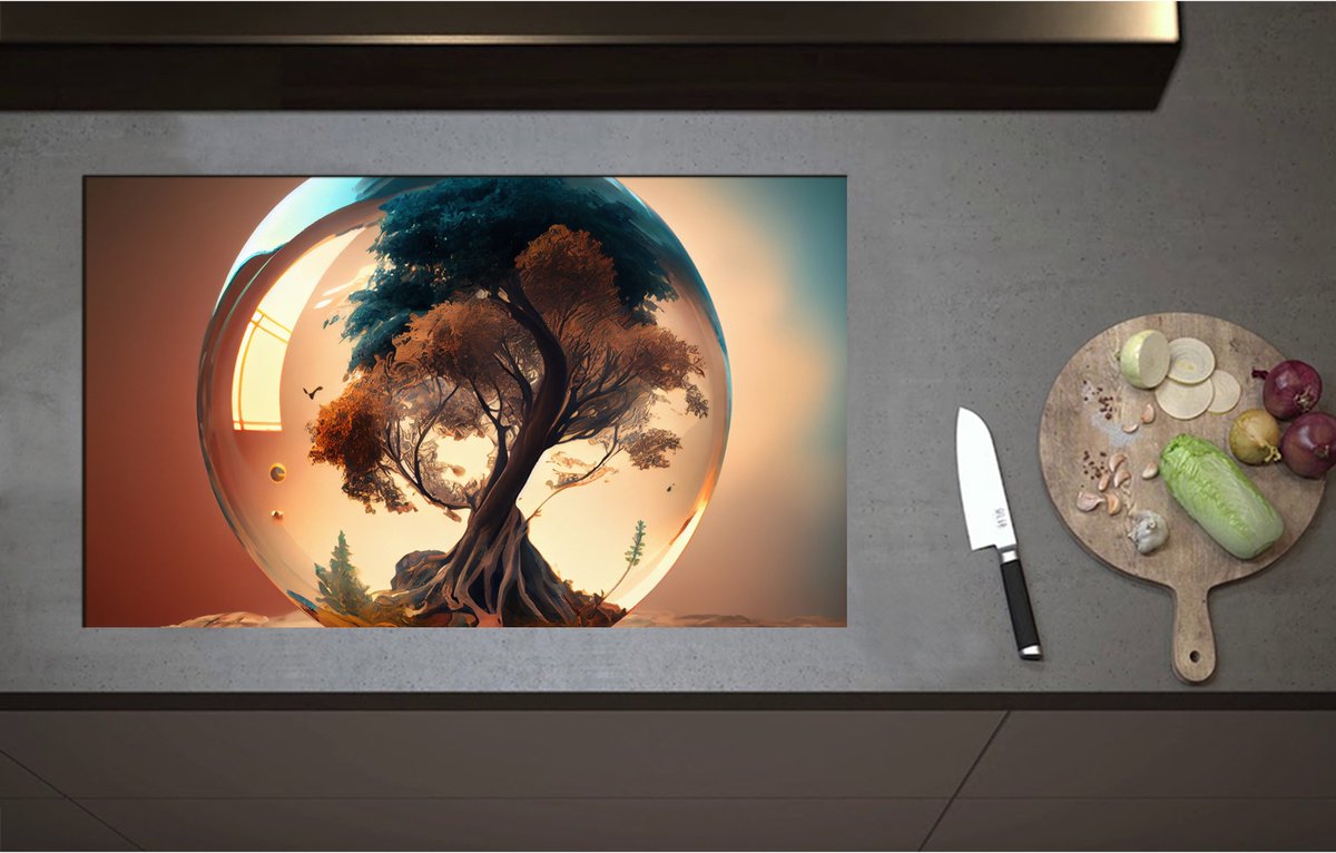 Inductieplaat Beschermer - Bruine en Blauwe Boom Groeiend in Glazen Bol - 85x51 cm - 2 mm Dik - Inductie Beschermer - Bescherming Inductiekookplaat - Kookplaat Beschermer van Zwart Vinyl