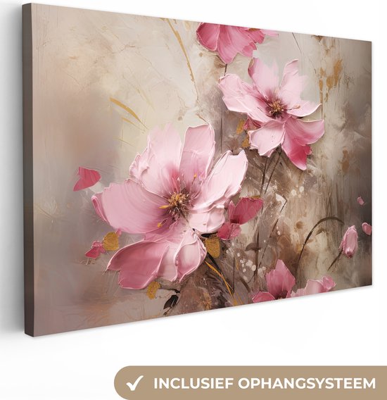 Canvas met roze bloemen, met de tekst 'Inclusief ophangsysteem'.