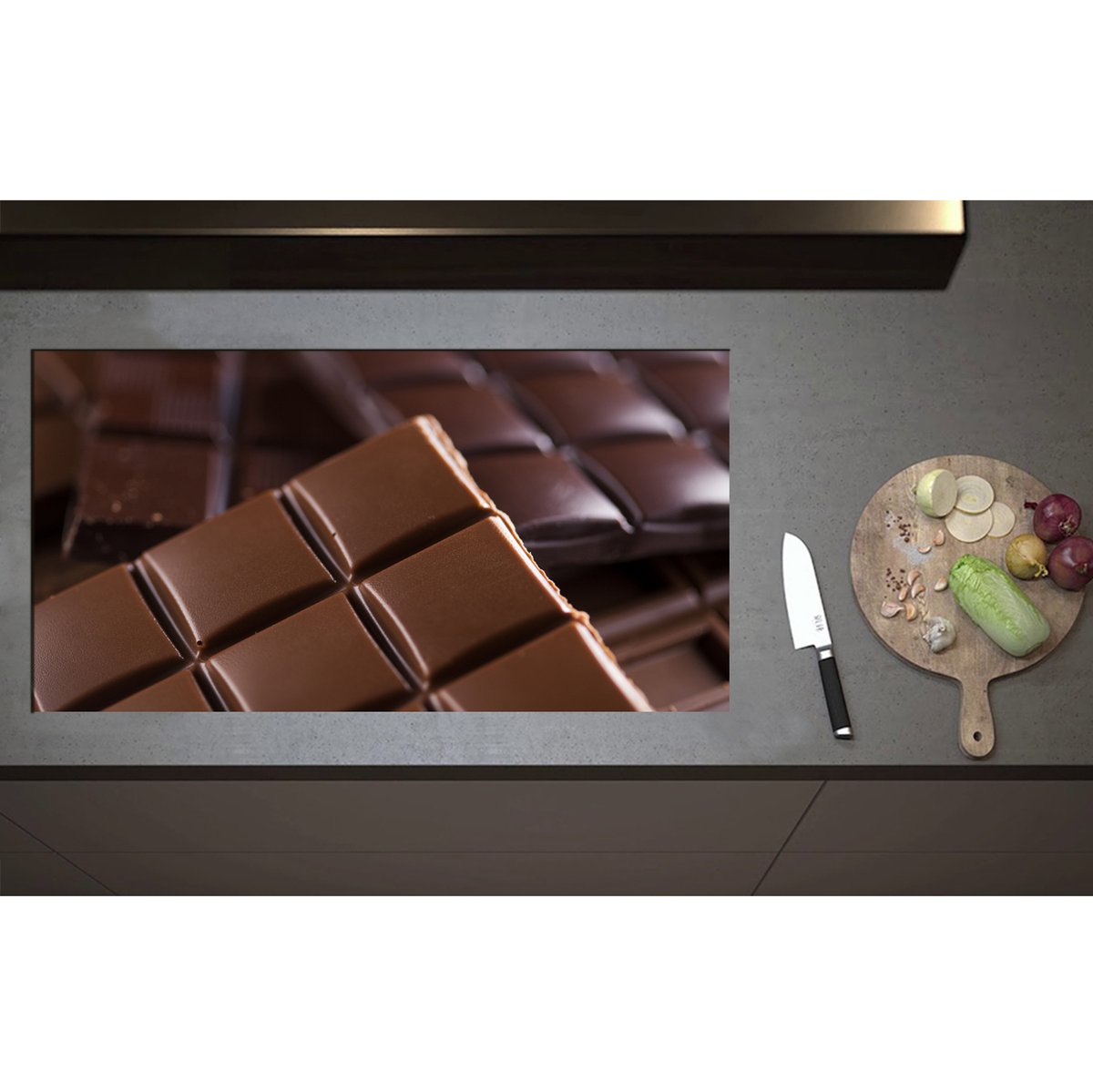 Inductieplaat Beschermer - Brokken van Verschillende Smaken Chocolade - 95x50 cm - 2 mm Dik - Inductie Beschermer - Bescherming Inductiekookplaat - Kookplaat Beschermer van Wit Vinyl