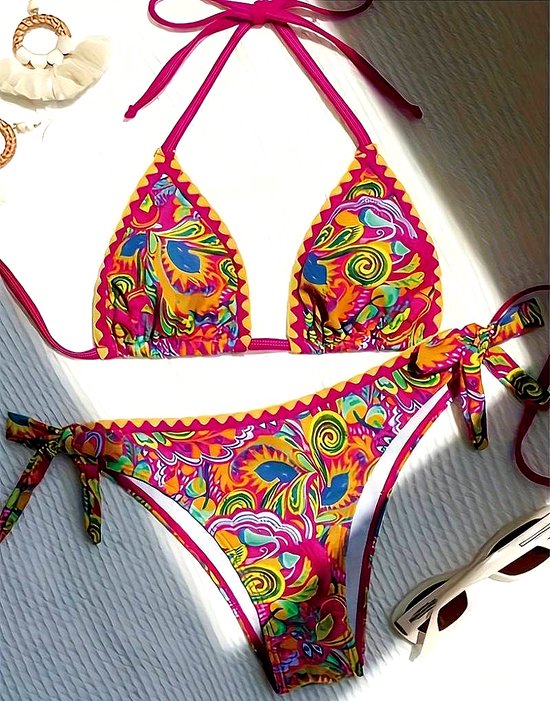 LaGloss® Ensemble bikini rétro coloré - été - maillot de bain de plage - piscine bikini de plage - 2 pièces - Taille L %%