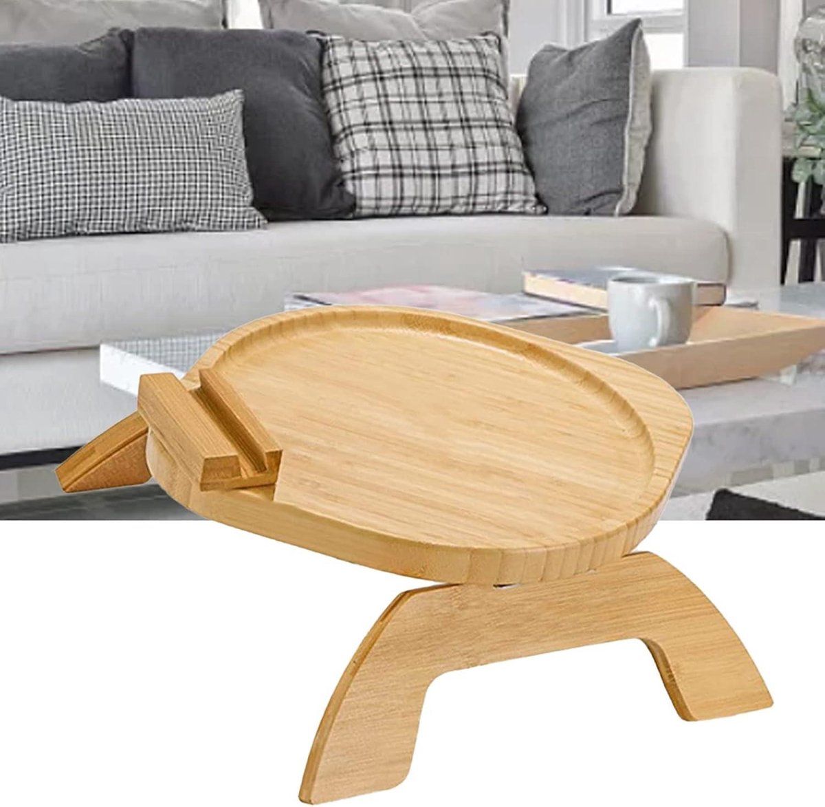 YUHFERA Plateau D'Accoudoir De Canapé Pivotant 360° - Table D'Appoint Réglable Pour Petit Espace