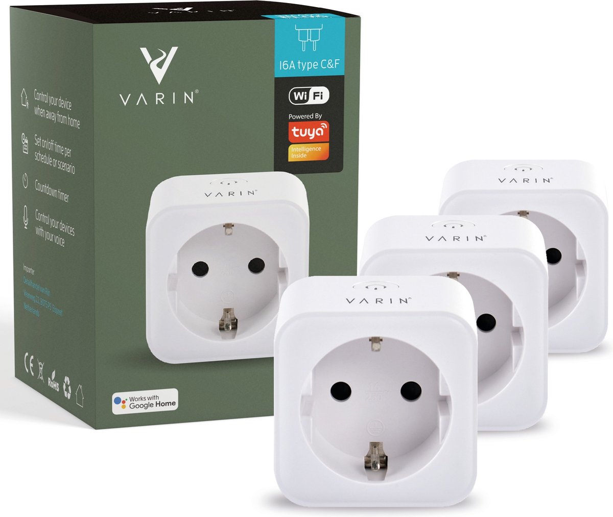 Varin® Slimme stekker met energiemeter [3 stuks] - 16A - Voor type C, E & F stekkers - Tijdschakelaar - Bediening app - Smart plug - Voice control Google Home, Amazon Alexa - Smart lamp - Tuya wifi - Slimme verlichting woonkamer, keuken, slaapkamer