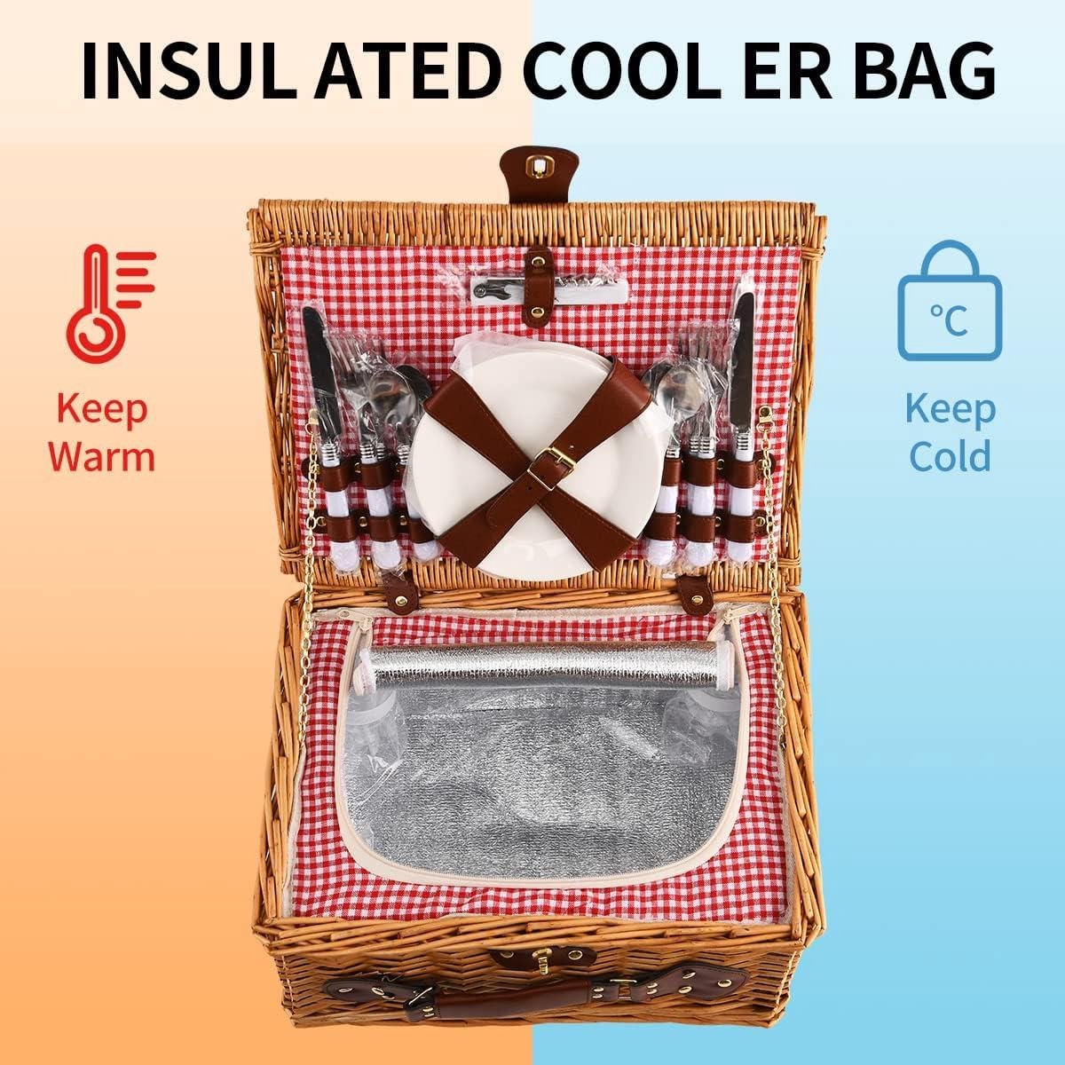 Picknickmand 4 Personen - Geïsoleerde Koeltas - Inclusief Bestek Borden En Waterdichte Mat Perfect Voor Camping En Outdoor Picknickkleed Picknick Mand Bestekset Met Koelvak Voor Camping Outdoor Feest