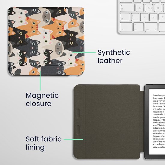 kwmobile e-reader hoesje geschikt voor Kobo Libra Colour hoes - E reader flip case met magnetische sluiting - Ereader cover - Katten design in oranje / zwart / wit van Merkloos — afbeelding 5