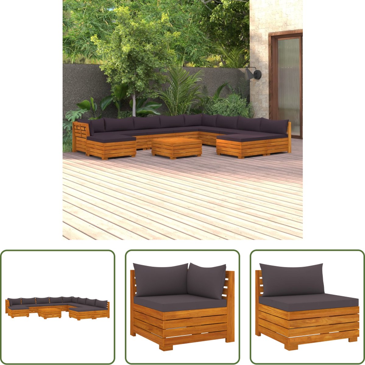 The Living Store Tuinset Acaciahout Hoekbank Middenbank Voetenbank Tafel Donkergrijs kussen 68x68x60cm 10x zitkussen 11x rugkussen