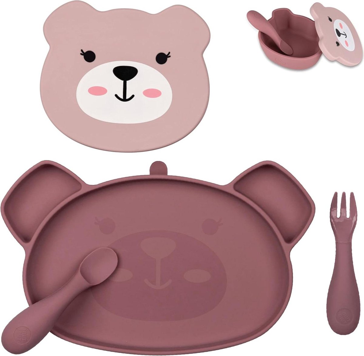 Goedkoopste Babydinerset met siliconen verdeelde zuigplaat en babybestek - roze - voor 6m