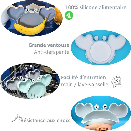 Babybord van siliconen x 2 - kom met zuignappen - bestek van hout - spatwaterdicht - kinderbord - babycompartimenten - 3 stuks van Joissy. — afbeelding 2