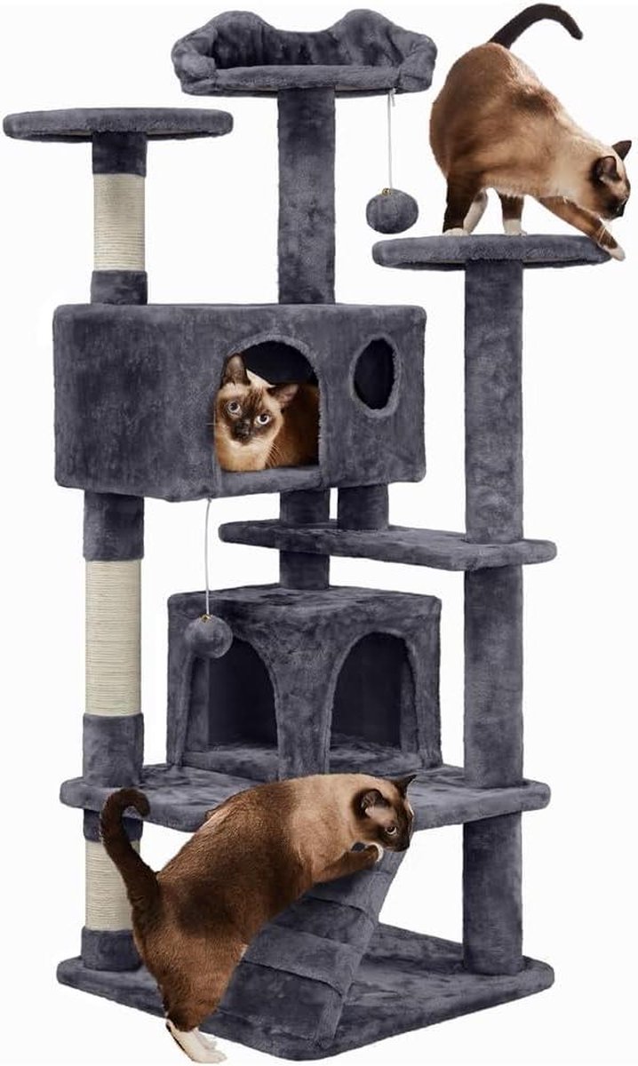 Krabpaal speelboom voor katten - 130 cm hoog - grijs met touw - platformen energieke katten.