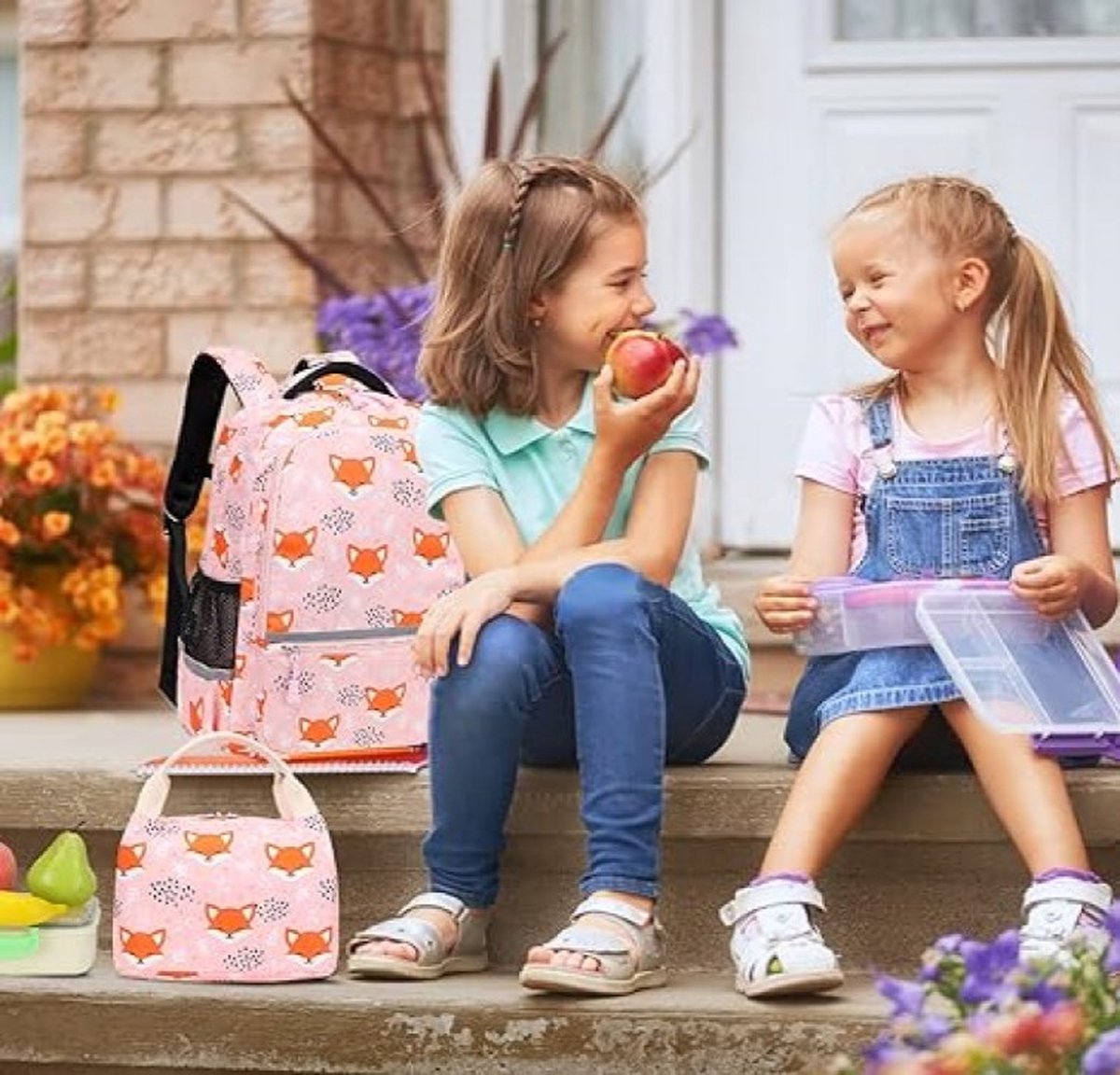Cinlegar Children's School Backpack, 3-in-1 with Lunch Box and Pencil Case, School Bag, Teenage Backpack, Backpack for Girls, Boys, Children, Green fox, Outdoor fox look