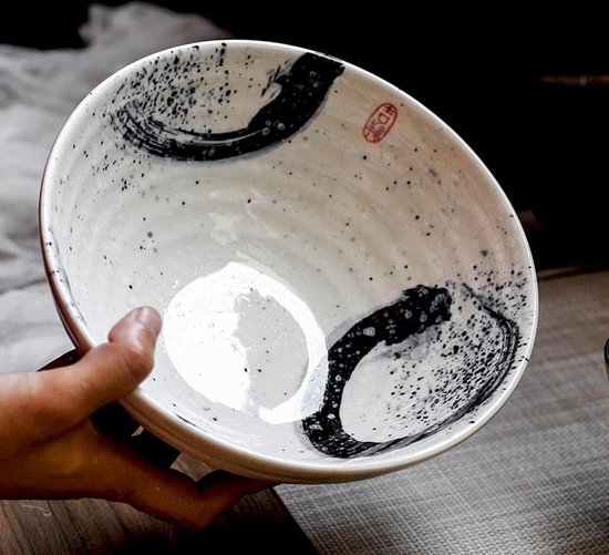 Ramen Bowl Set, Japanse Ramen Noodle Bowls Met Deksel Lepel Grote Keramische Soep Kom Zwarte Hand Getrokken Rijst Bowl Retro Servies Noodle Bowl 65 Inch