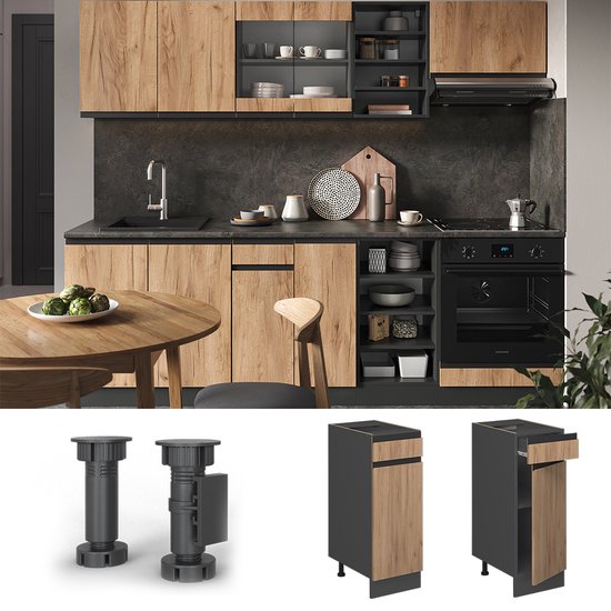 Vicco R- Line Cuisine Meuble bas de cuisine – 30 cm, WB Anthracite Chêne doré puissant, WB Anthracite