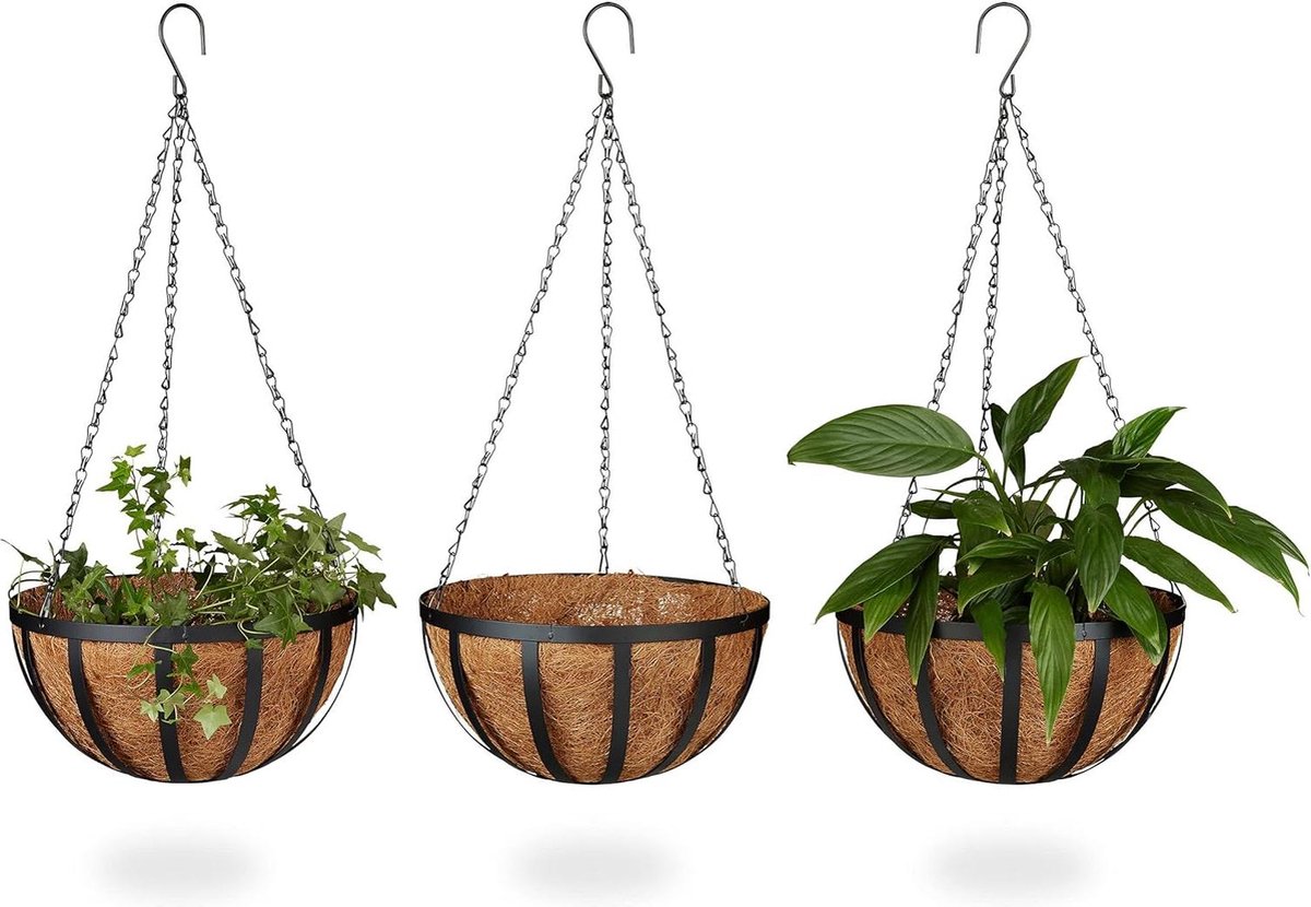 Plantenhanger set van 3 met 3 houders kokos 21 liter met ketting diameter 30 cm hanging basket bruin