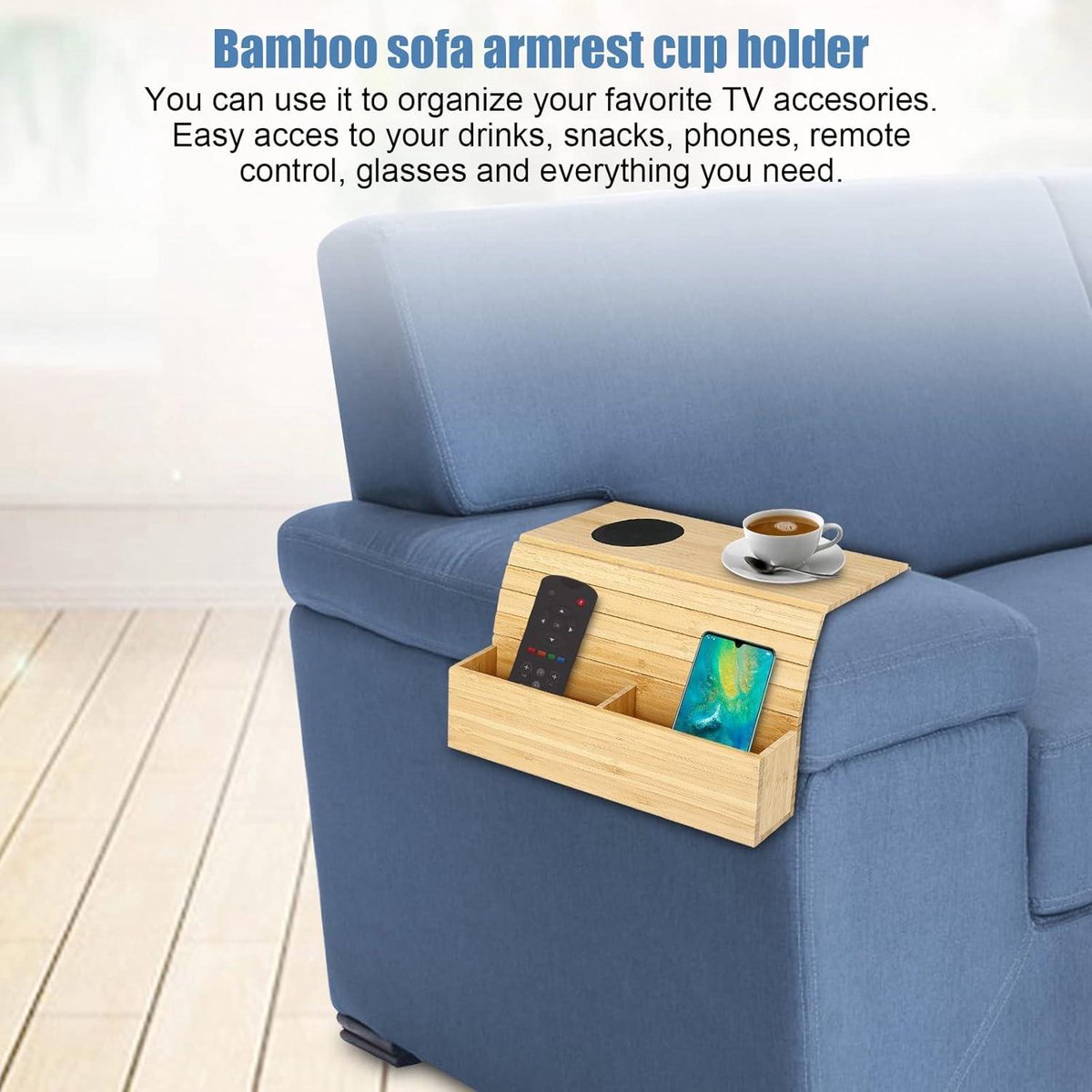 Plateau De Canapé En Bambou - Pliable, Antidérapant - Pour Accoudoir - Snacks, Téléphone, Télécommande - Gain De Place