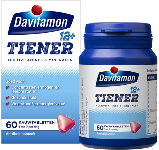 Davitamon Tiener 12+ flesje met 60 aardbei kauwtabletten naast de verpakking.