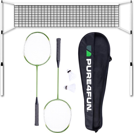Pure4Fun - Badminton Set - 2 Badmintonrackets - Badminton Net - 2 Badminton Shuttles - Opbergtas