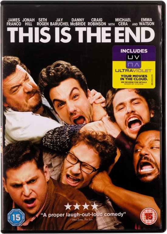 Dvd-hoes van This Is The End met zes mannen die elkaar omhelzen en geschokt kijken. Inclusief Ultraviolet logo.