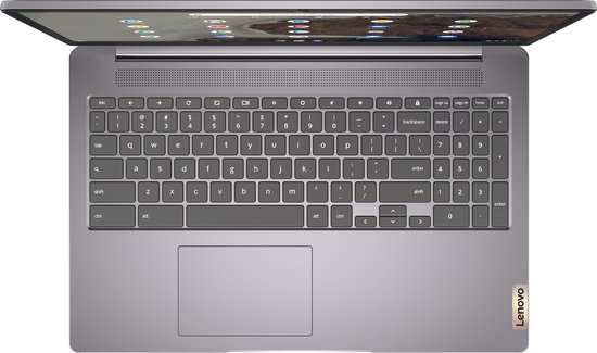 Lenovo Chromebook laptop, zilverkleurig, opengeklapt met zichtbaar toetsenbord en scherm.