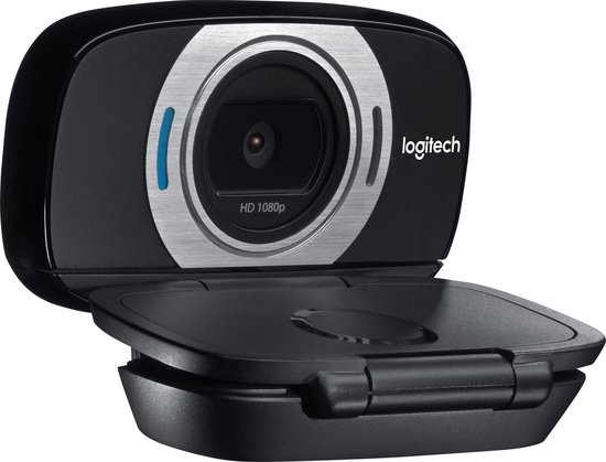 Webcam Logitech C615 noire avec anneau argenté, accents bleus, HD 1080p et pied articulé.
