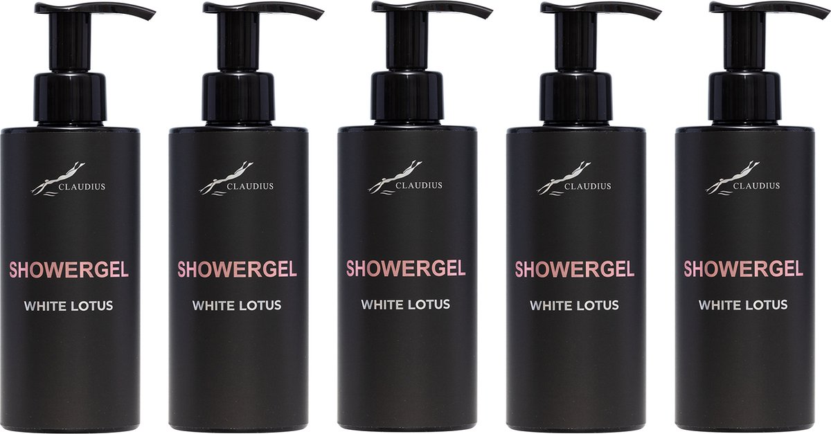 Goedkoopste Showergel White Lotus 300 ml - met pomp - zwarte fles - set van 5 stuks - Douchegel - Voordeelverpakking