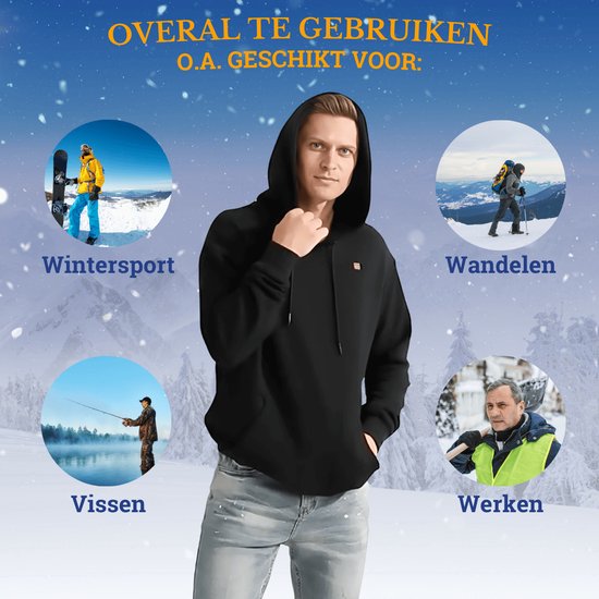 Man in verwarmde hoodie in besneeuwde omgeving met illustraties van wintersport, wandelen, vissen en werken.