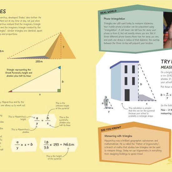 Een diagram toont een driehoek die wordt gebruikt om de hoogte van een piramide te meten.