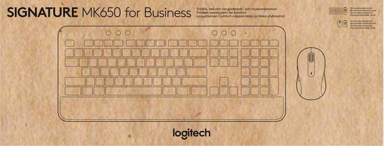 Verpakking van Logitech MK650 for Business toetsenbord en muis, met schetsen van de producten.