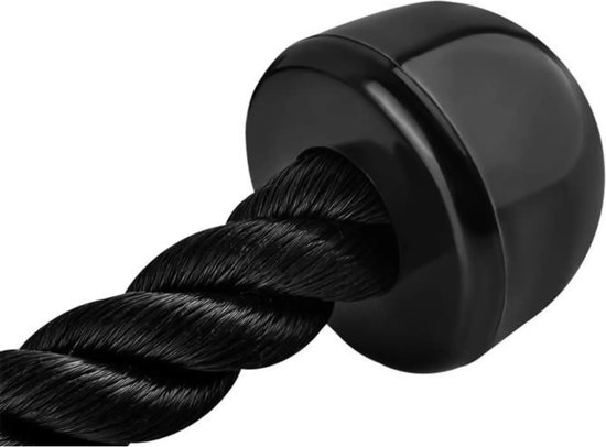 Close-up van een zwart rubberen uiteinde van een tricep rope.