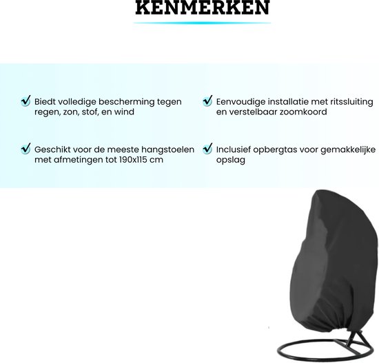 Somstyle Beschermhoes Hangstoel - 190 x 115 CM - Hoes voor Egg Chair - Waterdicht & Anti-UV - Zwart