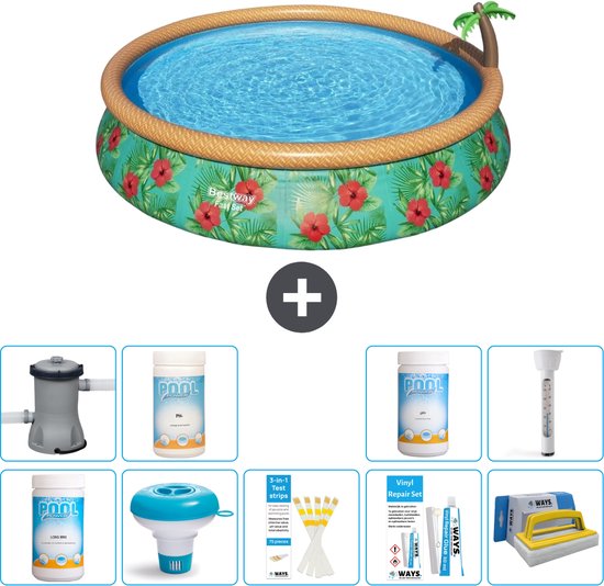 Piscine Opblaasbaar ronde Bestway à Set Fast - Imprimé paradis - 457 x 84 cm - Pompe à Chlore incluse - Flotteur de chlore - Bandelettes de test - Kit de réparation - Brosse à récurer - PH-moins - PH-plus - Thermomètre