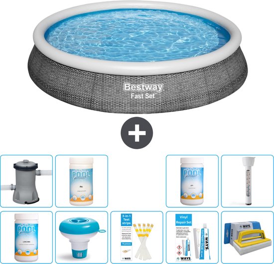 Piscine Opblaasbaar ronde Bestway à Set Fast - Imprimé rotin - 396 x 84 cm - Pompe à Chlore incluse - Flotteur de chlore - Bandelettes de test - Kit de réparation - Brosse à récurer - PH-moins - PH-plus - Thermomètre
