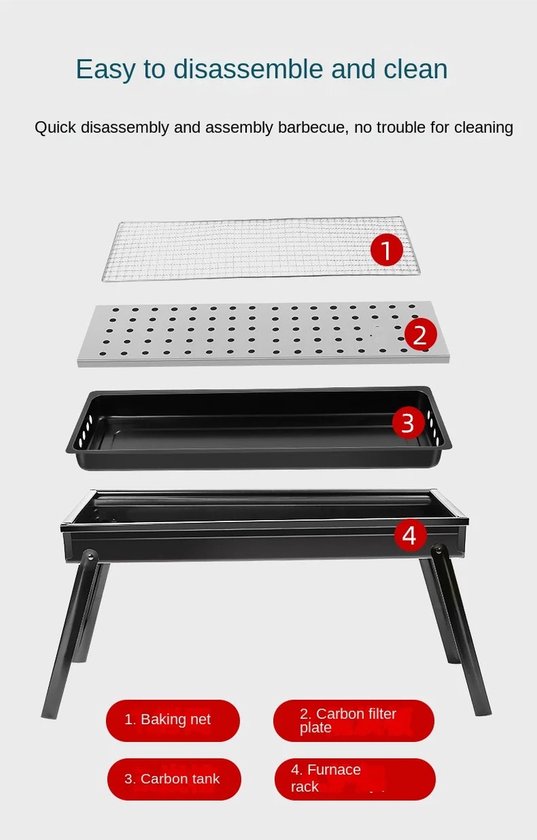 Barbecue Houtskool - Opvouwbare BBQ - Compact - Inklapbare Grill Met Rooster - Camping - Tafel - Strand - Zomer - Picknick - Rechthoekig - Roestvrij Staal - Zwart - 60x22x33 cm van Merkloos — afbeelding 4