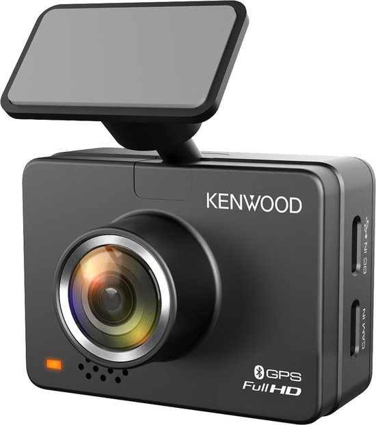 Kenwood DRV-A310W dashcam met omhoog geklapt scherm en lens aan de voorkant.