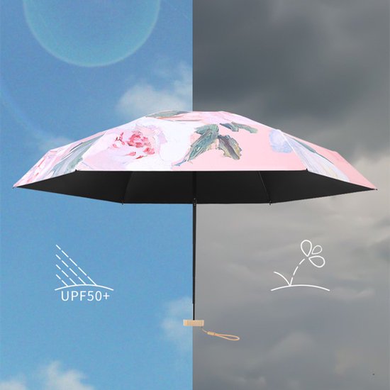 Openklapbare paraplu met roze pioenrozenpatroon, UPF50+ zonbescherming aan de ene kant en bewolkte lucht aan de andere kant.