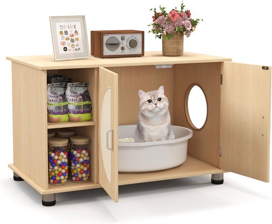 Foto: Suredeal kattenhuis kattenbak kast 2 in 1 halmeubel nachtkastje hout opgeruimde kamer 82x48x52cm kattenmand dressoir bijzetkastje krabpaal katten dierenhuis