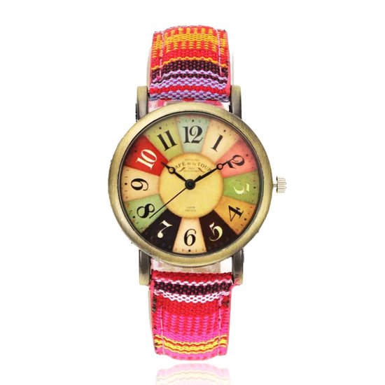 LGT JWLS Montre Femme Colorée et Joyeuse avec Bracelet en Toile - Multicolore Rose Oranje