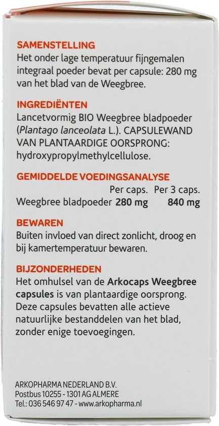 Witte verpakking met samenstelling en ingrediënten van Arkocaps Weegbree capsules. Vegan.