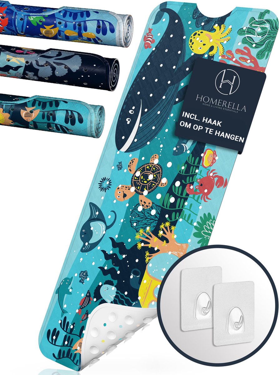 HOMERELLA Badmat antislip voor kinderen - 100x40cm -100% BPA-vrij antislipmatten - Inclusief 2x ophanging - Badmatten schimmelbestendig & machine wasbaar